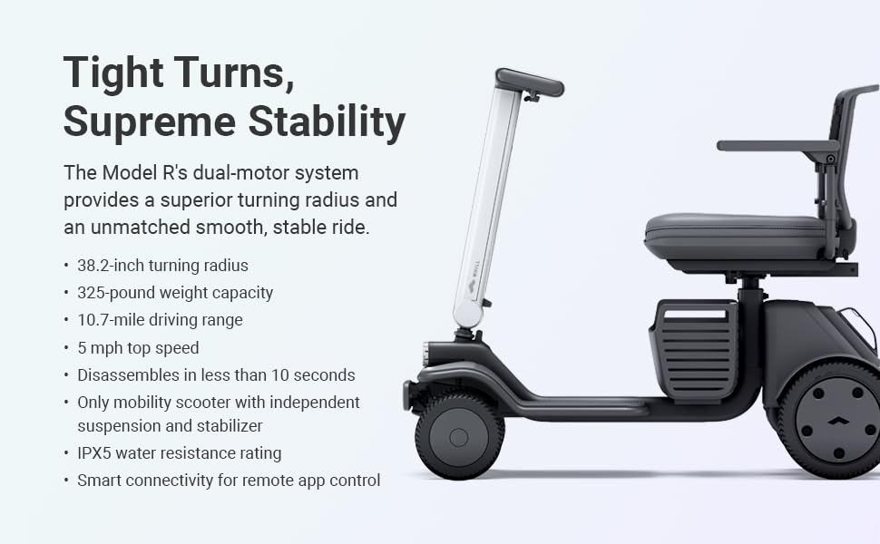 WHILL Model R 4-Wheel Scooter - White, Portable, Electric, Li-ion Battery, 300 LB Weight Capacity, Air Travel Friendly, 4-Point Suspension w/Stabilization Technology. Zero Turn