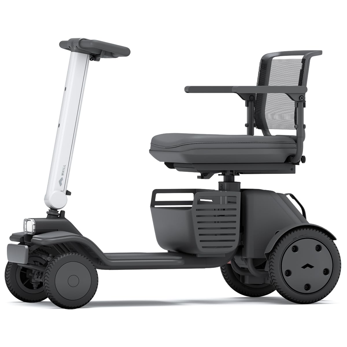 WHILL Model R 4-Wheel Scooter - White, Portable, Electric, Li-ion Battery, 300 LB Weight Capacity, Air Travel Friendly, 4-Point Suspension w/Stabilization Technology. Zero Turn