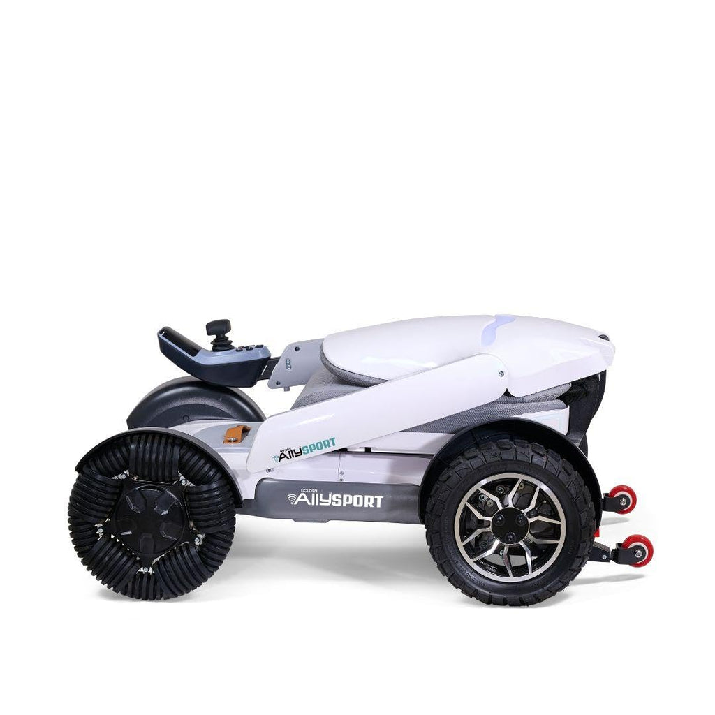 Golden Technologies Ally Sport - Automatic Folding Power Wheelchair w/ 10" Omni-Directional Front Wheels - Airline Approved - Suspension - 30" Turning Radius - Smart Control App (White)