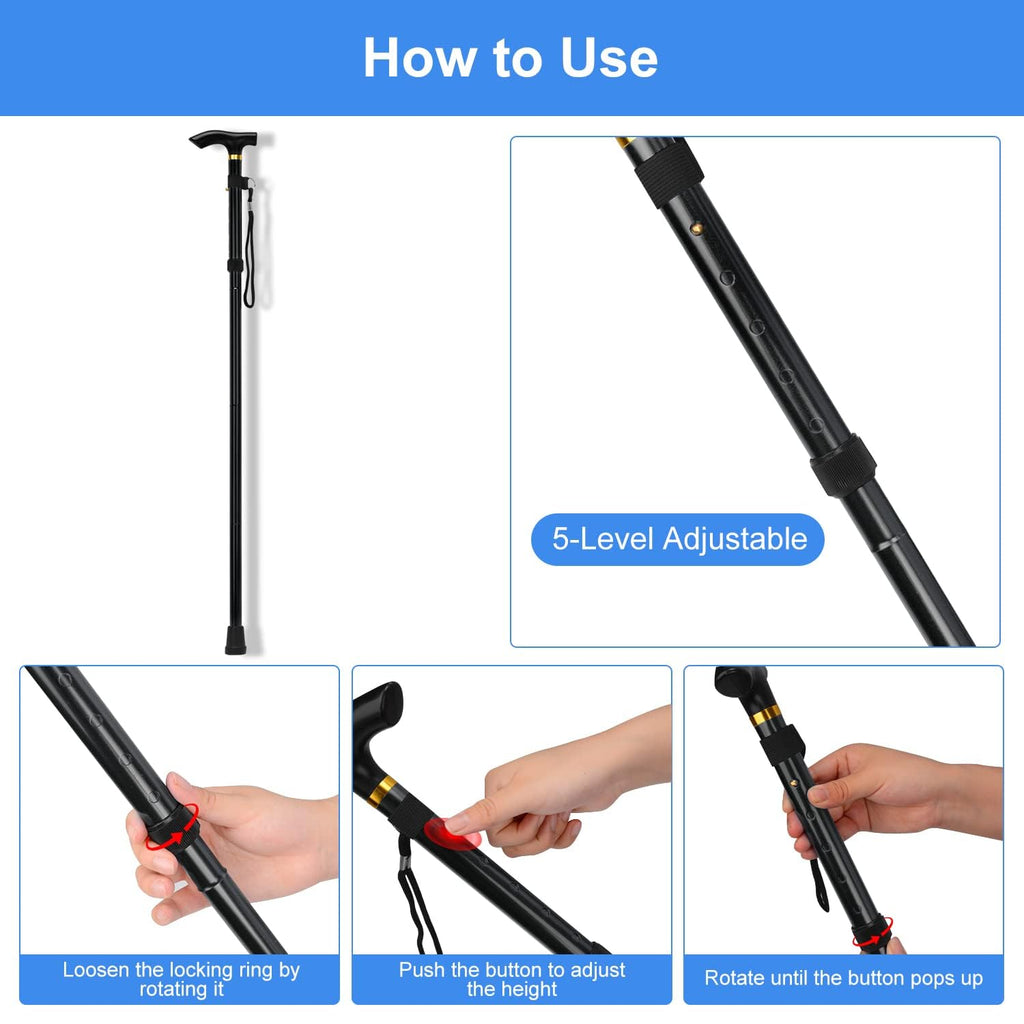 supregear Folding Cane, 5-Level Adjustable Height Walking Stick Lightweight Collapsible Portable Travel Cane with Wrist Strap and T Handle for Elderly Disabled Men Women, Black