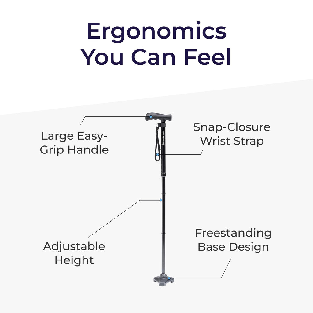 HurryCane Freedom Edition Foldable Walking Cane With T Handle - Enhanced Mobility Support - Patented SteadiGrip Base - Adjustable Height - Lightweight Foldable Design - Black