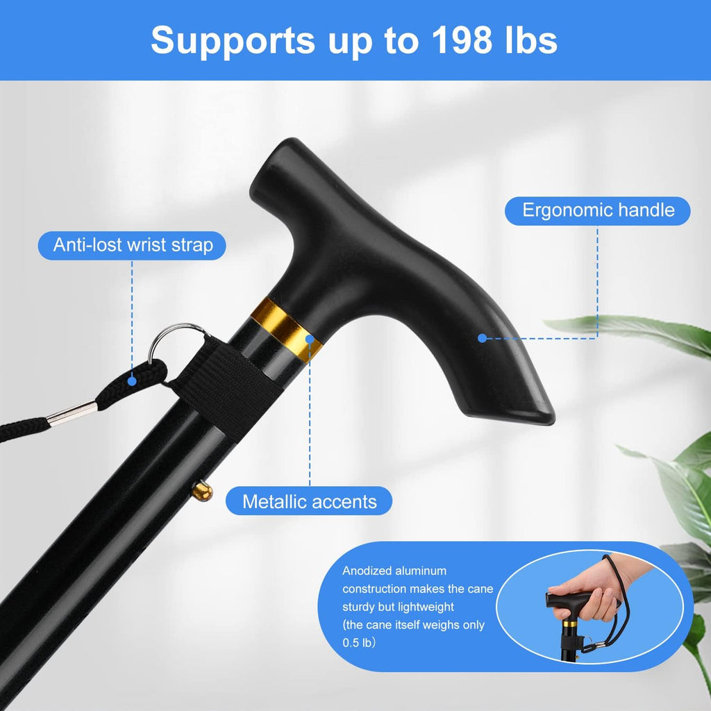 supregear Folding Cane, 5-Level Adjustable Height Walking Stick Lightweight Collapsible Portable Travel Cane with Wrist Strap and T Handle for Elderly Disabled Men Women, Black