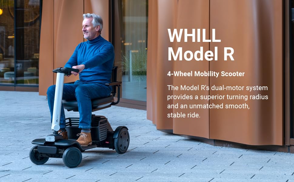 WHILL Model R 4-Wheel Scooter - White, Portable, Electric, Li-ion Battery, 300 LB Weight Capacity, Air Travel Friendly, 4-Point Suspension w/Stabilization Technology. Zero Turn