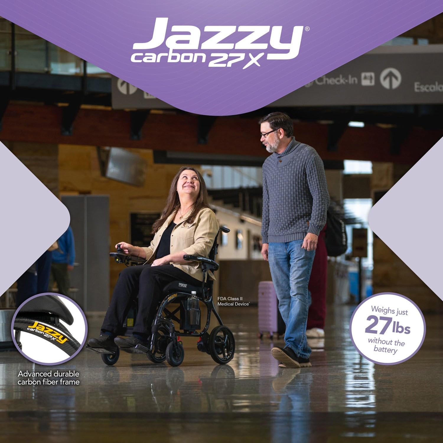 Pride Mobility Jazzy Carbon 27X Folding Travel Power Chair - 275 lb. Wt. Capacity, 3.7 mph, Lightweight Foldable Electric Wheelchair for Travel Seniors, Adults – 10Ah Airline-Approved Battery (Black)
