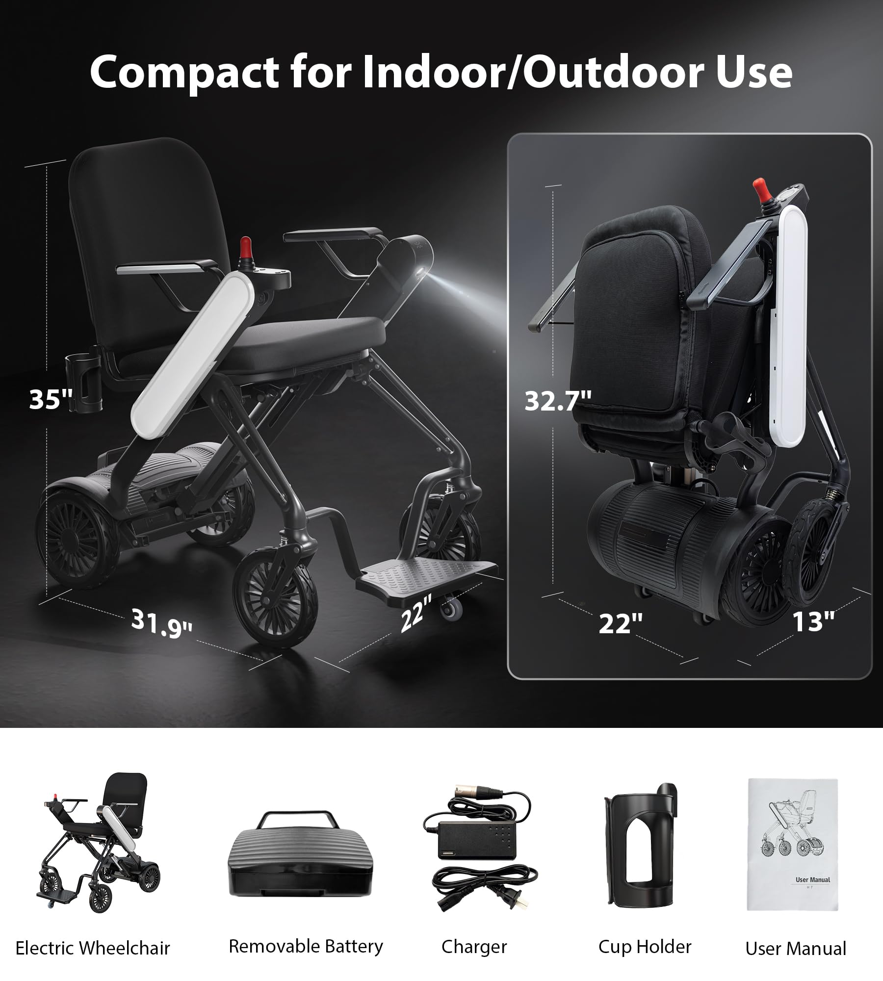 Goldseason Electric Wheelchair for Adults, Fully Automatic Folding & Unfolding, APP Bluetooth Remote Control, Ultra-Light Smart Powered Wheelchair Ideal for Seniors/Travelers (White)