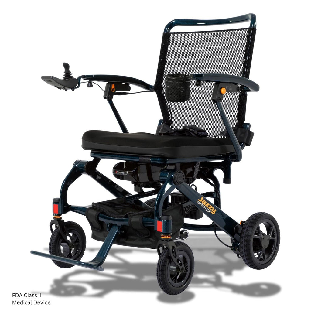 Pride Mobility Jazzy Carbon 27 Folding Travel Power Chair - 300 lb. Weight Capacity, 3.7 mph, Lightweight Foldable Electric Wheelchair for Travel – 12Ah Airline-Approved Battery (Night Sky, Blue)