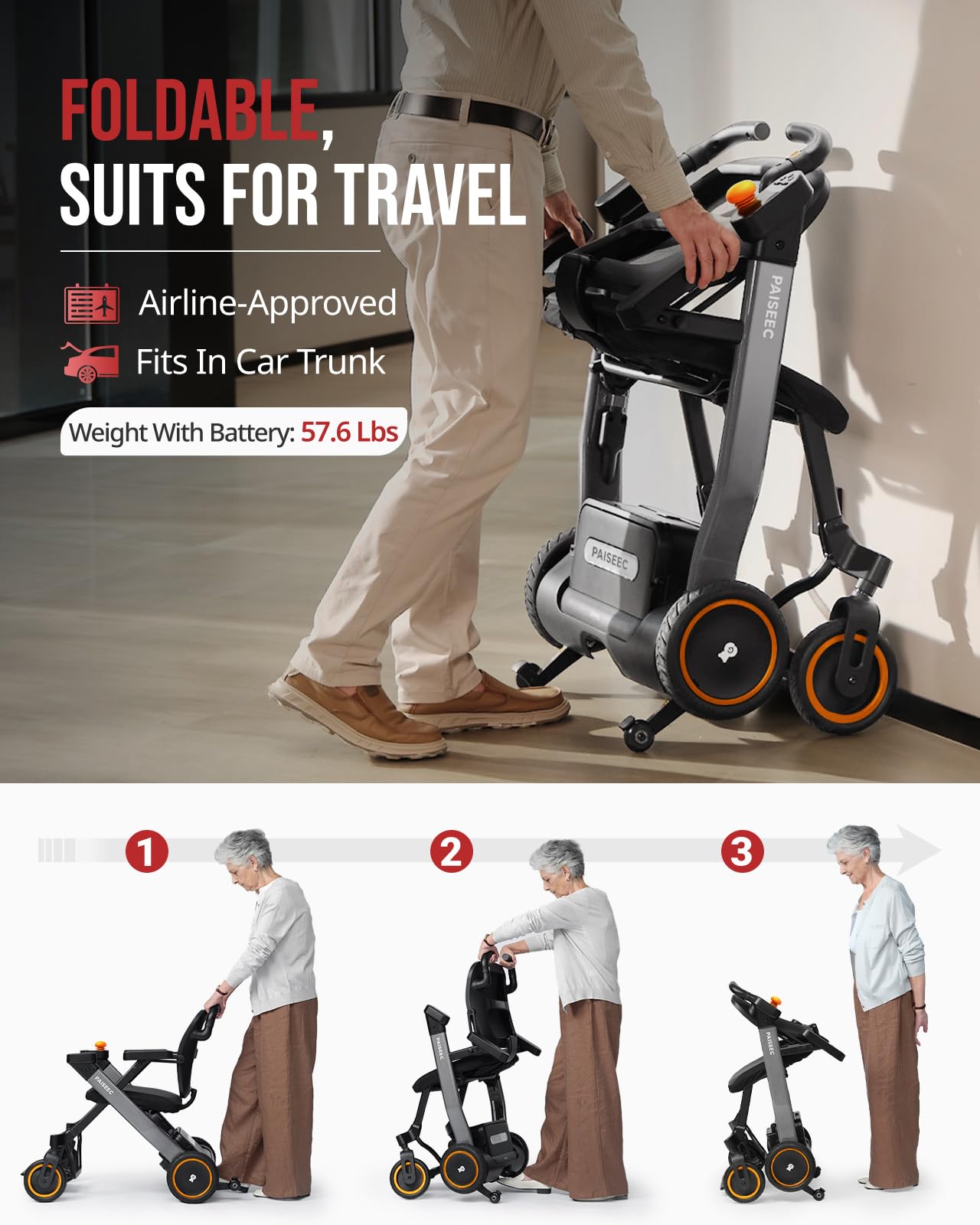 Paiseec Electric Wheelchair, Lightweight Foldable Powered Mobility Chair for Adults, 16 Miles Range, Folding Wheelchair, Push-Assist Technology, Works as Rollator