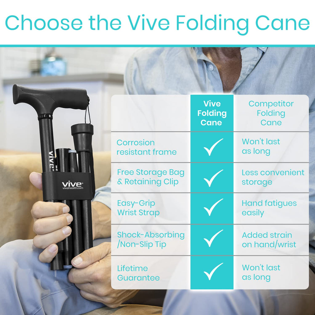 Vive Folding Cane - Foldable Walking Cane for Men, Women - Fold-up, Collapsible, Lightweight, Adjustable, Portable Hand Walking Stick - Balancing Mobility Aid - Sleek, Comfortable