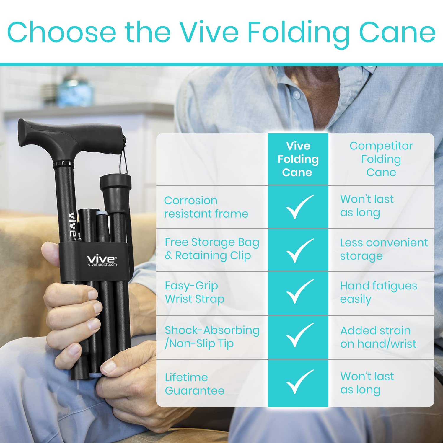 Vive Folding Cane - Foldable Walking Cane for Men, Women - Fold-up, Collapsible, Lightweight, Adjustable, Portable Hand Walking Stick - Balancing Mobility Aid - Sleek, Comfortable