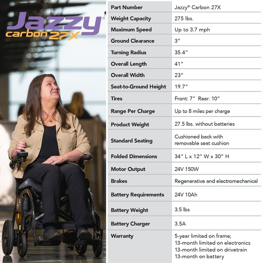Pride Mobility Jazzy Carbon 27X Folding Travel Power Chair - 275 lb. Wt. Capacity, 3.7 mph, Lightweight Foldable Electric Wheelchair for Travel Seniors, Adults – 10Ah Airline-Approved Battery (Black)