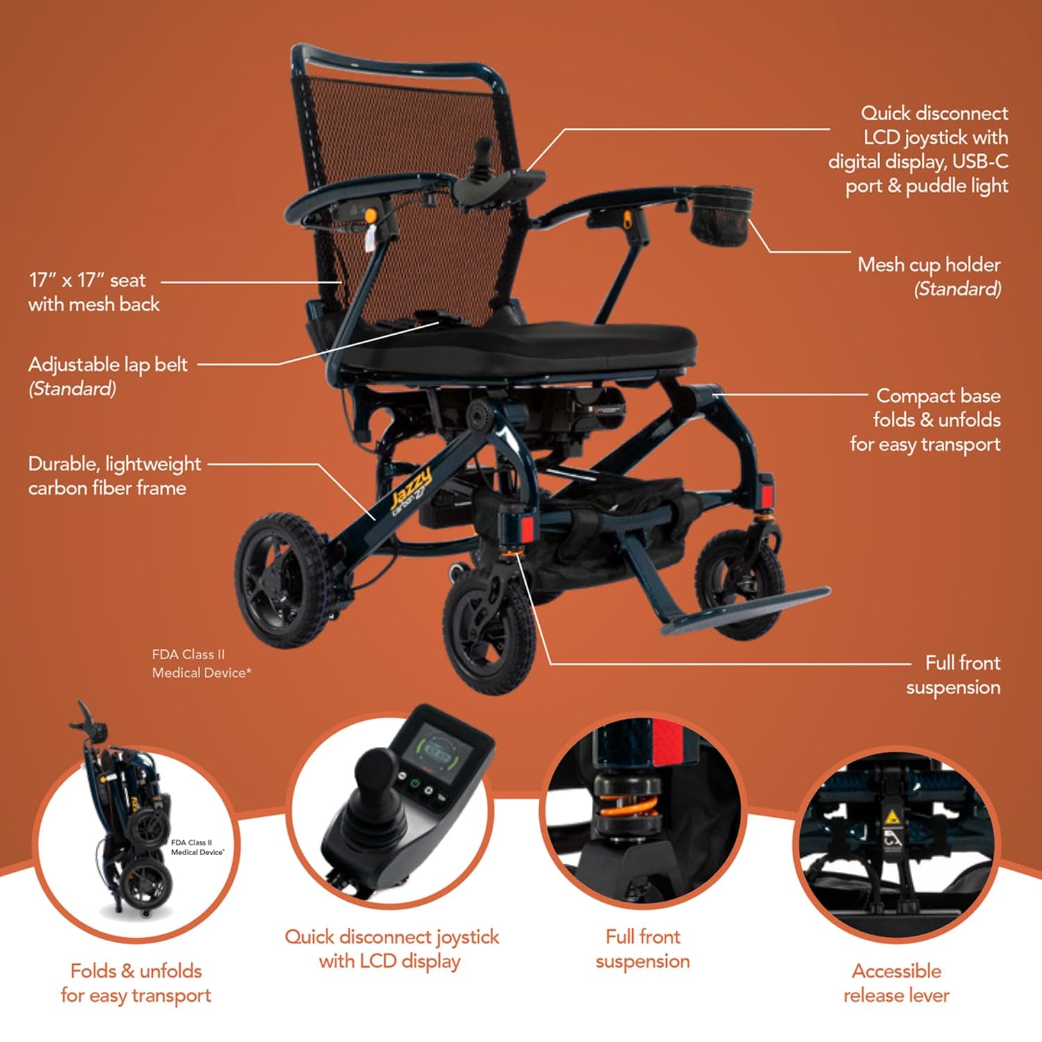 Pride Mobility Jazzy Carbon 27 Folding Travel Power Chair - 300 lb. Weight Capacity, 3.7 mph, Lightweight Foldable Electric Wheelchair for Travel – 12Ah Airline-Approved Battery (Night Sky, Blue)