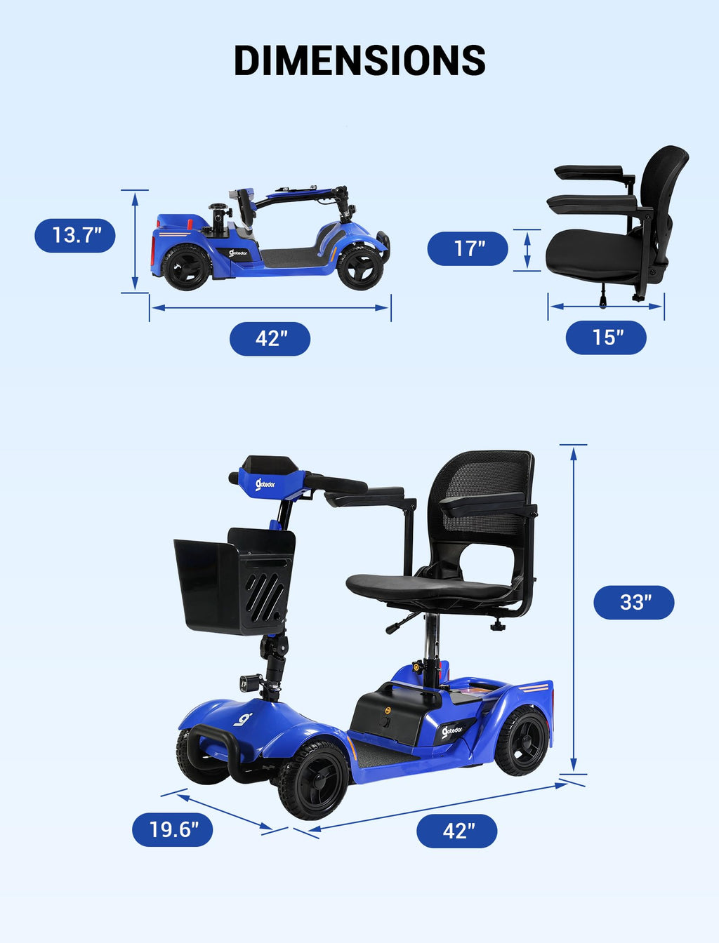 4 Wheel Mobility Scooter for Adults&Seniors, 15 Miles All-Terrain Foldable Portable Travel Electric Scooter Up to 300LBS, NFC One-Touch Unlock, Removable Battery, Rotating Seat