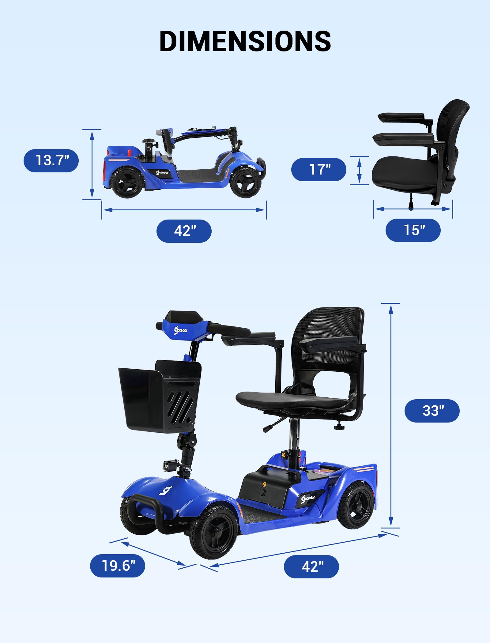 4 Wheel Mobility Scooter for Adults&Seniors, 15 Miles All-Terrain Foldable Portable Travel Electric Scooter Up to 300LBS, NFC One-Touch Unlock, Removable Battery, Rotating Seat