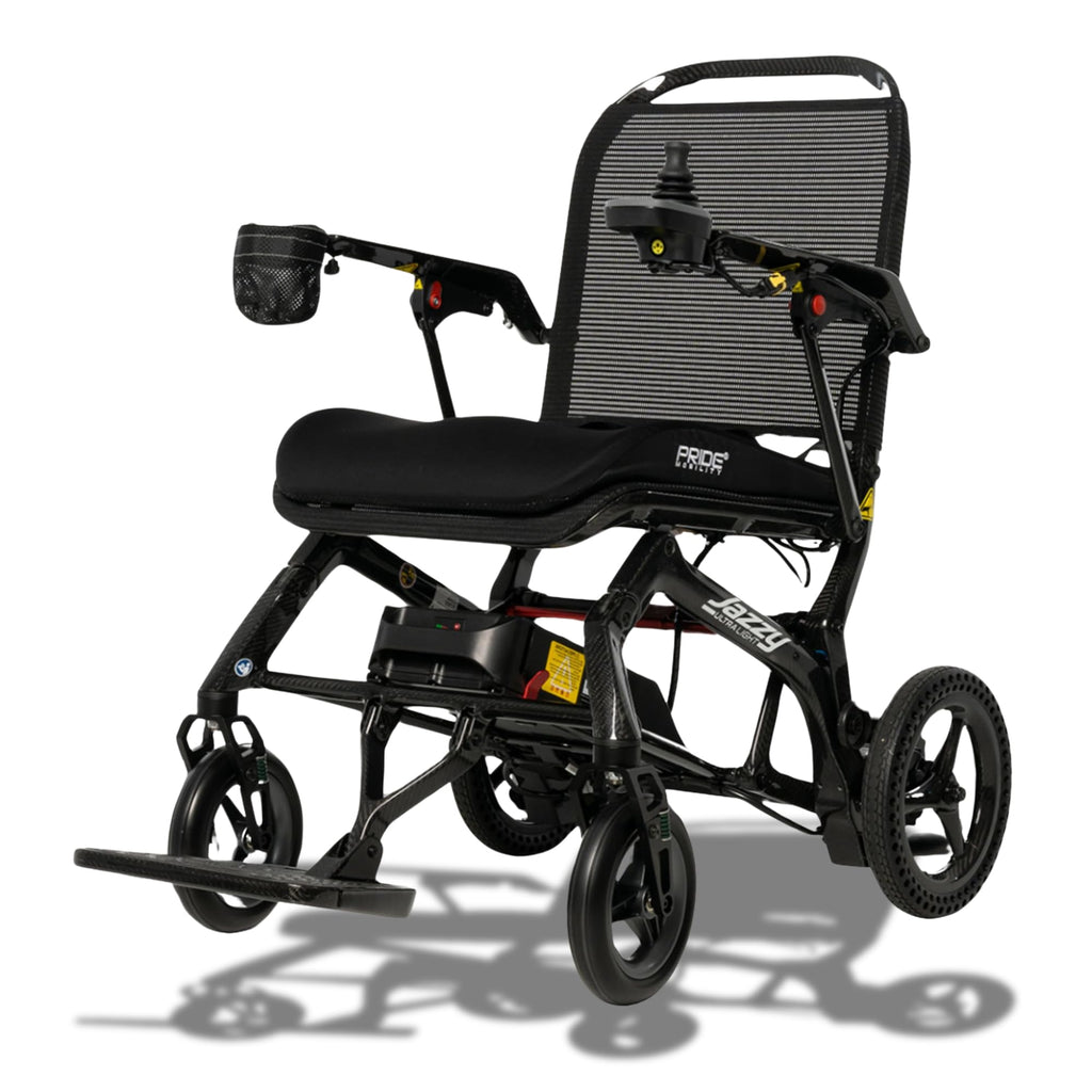 Pride Mobility Jazzy Ultra Light Folding Travel Power Chair - 300 lbs Capacity, 3.69 mph, Lightweight Foldable Electric Wheelchair for Travel Seniors, Adults – 20Ah Extended-Range Battery (Black)