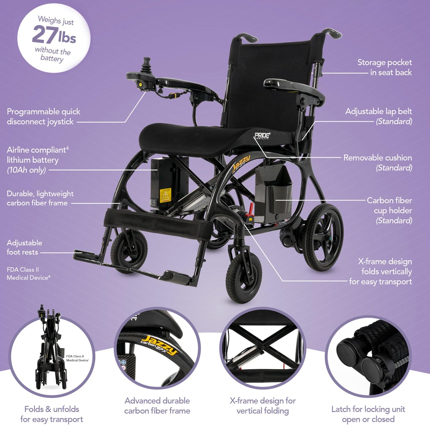 Pride Mobility Jazzy Carbon 27X Folding Travel Power Chair - 275 lb. Wt. Capacity, 3.7 mph, Lightweight Foldable Electric Wheelchair for Travel Seniors, Adults – 10Ah Airline-Approved Battery (Black)