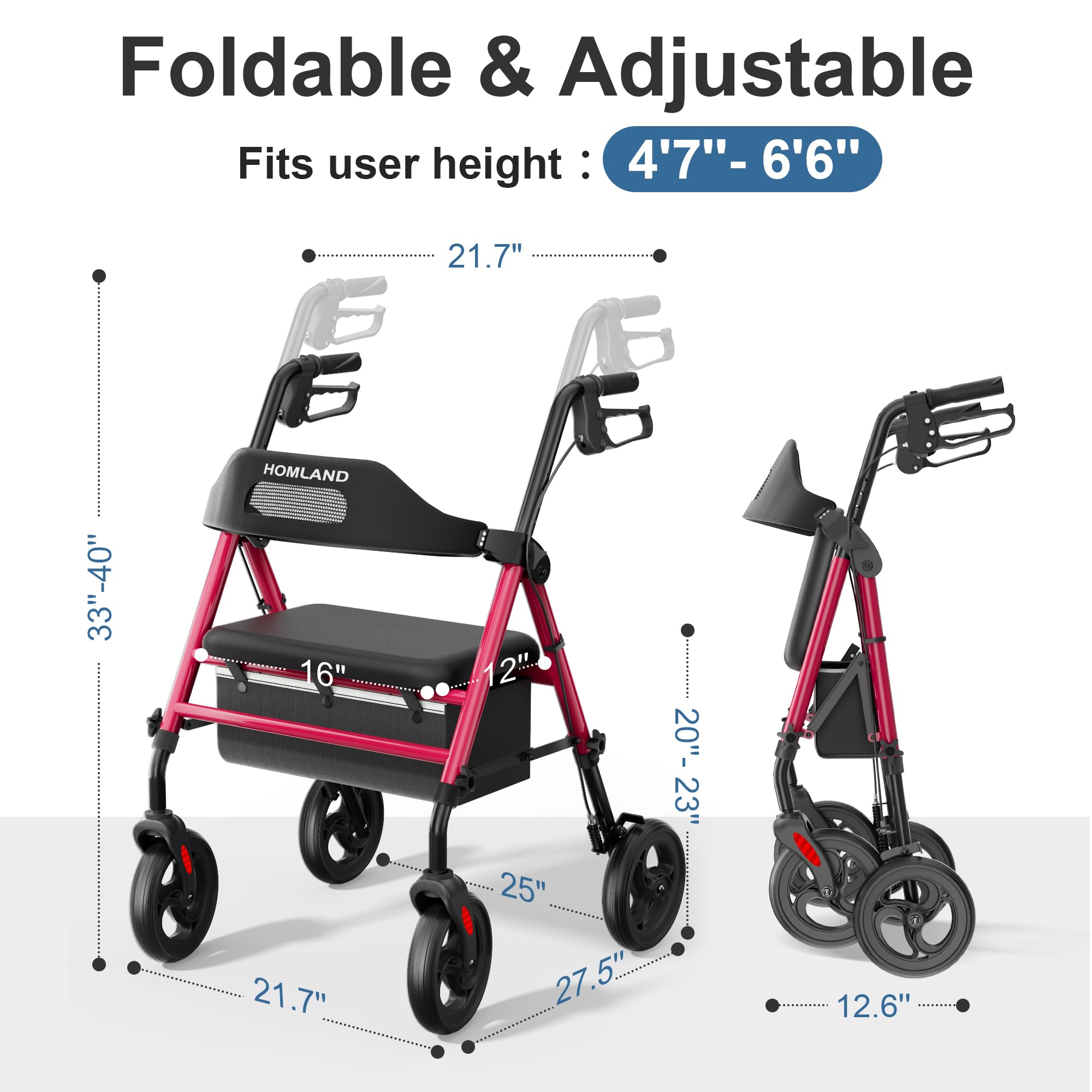 HOMLAND Foldable Rollator Walkers with Seat for Seniors, 8'' Big Wheels, 350 lb. Weight Capacity, Adjustable Handles and Seat Height, Lightweight Rolling Walker, Red