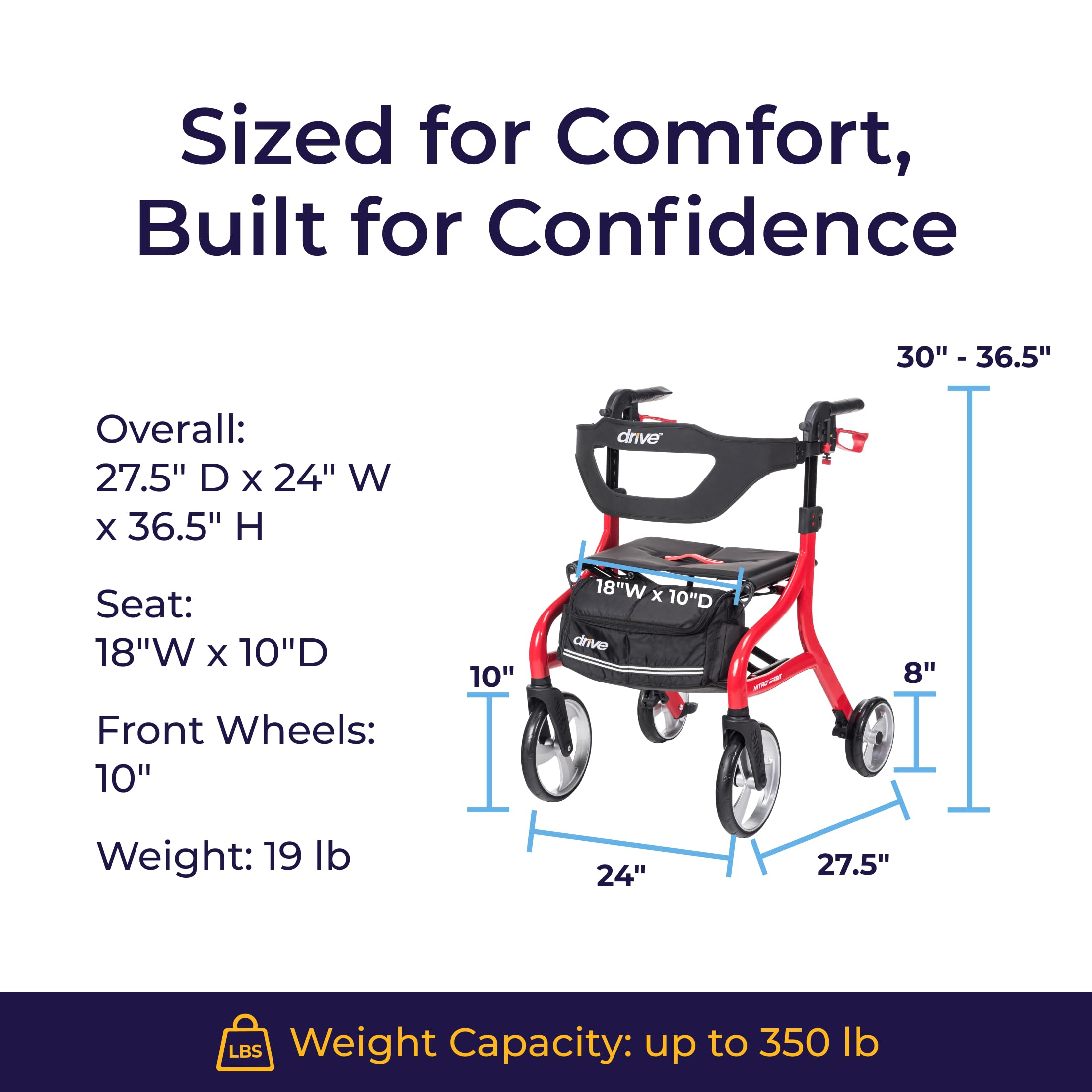 Drive Medical Nitro Sprint Foldable Rollator Walker with Seat - Lightweight Support - Large Wheels - Compact Folding Design - Adjustable Comfort - Standard Size - Red