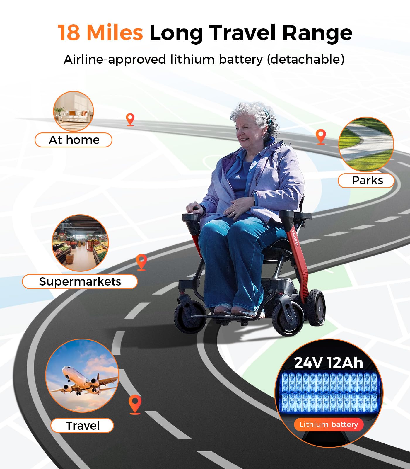 Foldable Electric Wheelchair for Adults & Seniors, Power Wheelchair Walker Combo with Height-Adjustable Handles, Airline Approved, Travel Size, 18 Miles Range, Motorized Wheelchair, Red, Paiseec W1