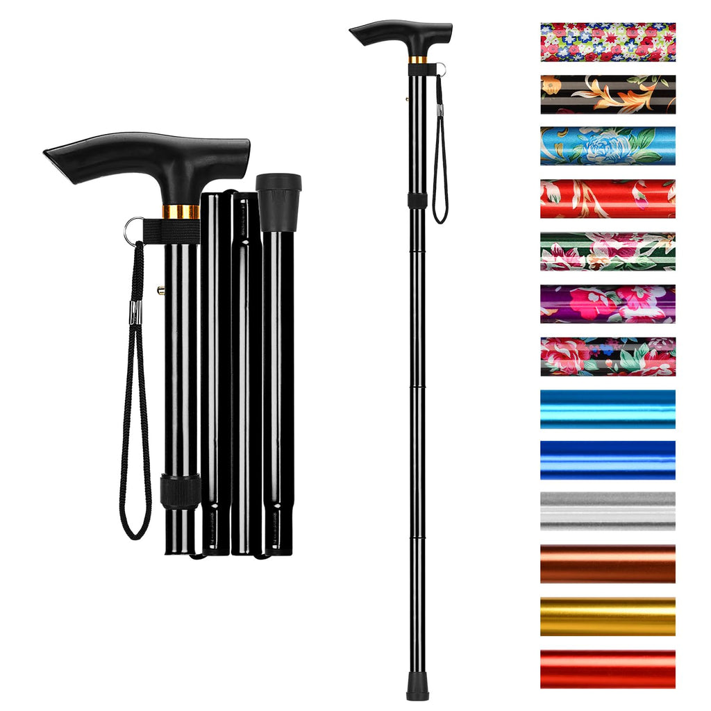 supregear Folding Cane, 5-Level Adjustable Height Walking Stick Lightweight Collapsible Portable Travel Cane with Wrist Strap and T Handle for Elderly Disabled Men Women, Black