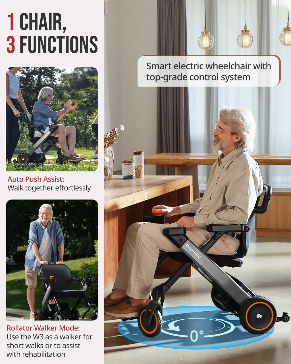 Paiseec Electric Wheelchair, Lightweight Foldable Powered Mobility Chair for Adults, 16 Miles Range, Folding Wheelchair, Push-Assist Technology, Works as Rollator