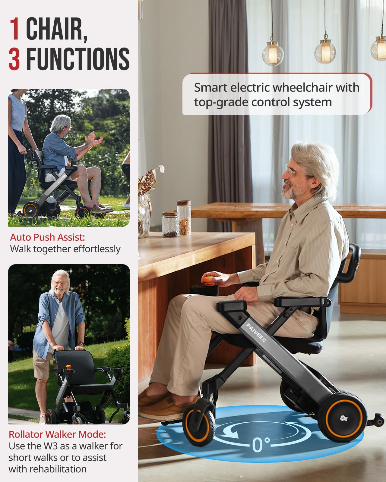 Paiseec Electric Wheelchair, Lightweight Foldable Powered Mobility Chair for Adults, 16 Miles Range, Folding Wheelchair, Push-Assist Technology, Works as Rollator