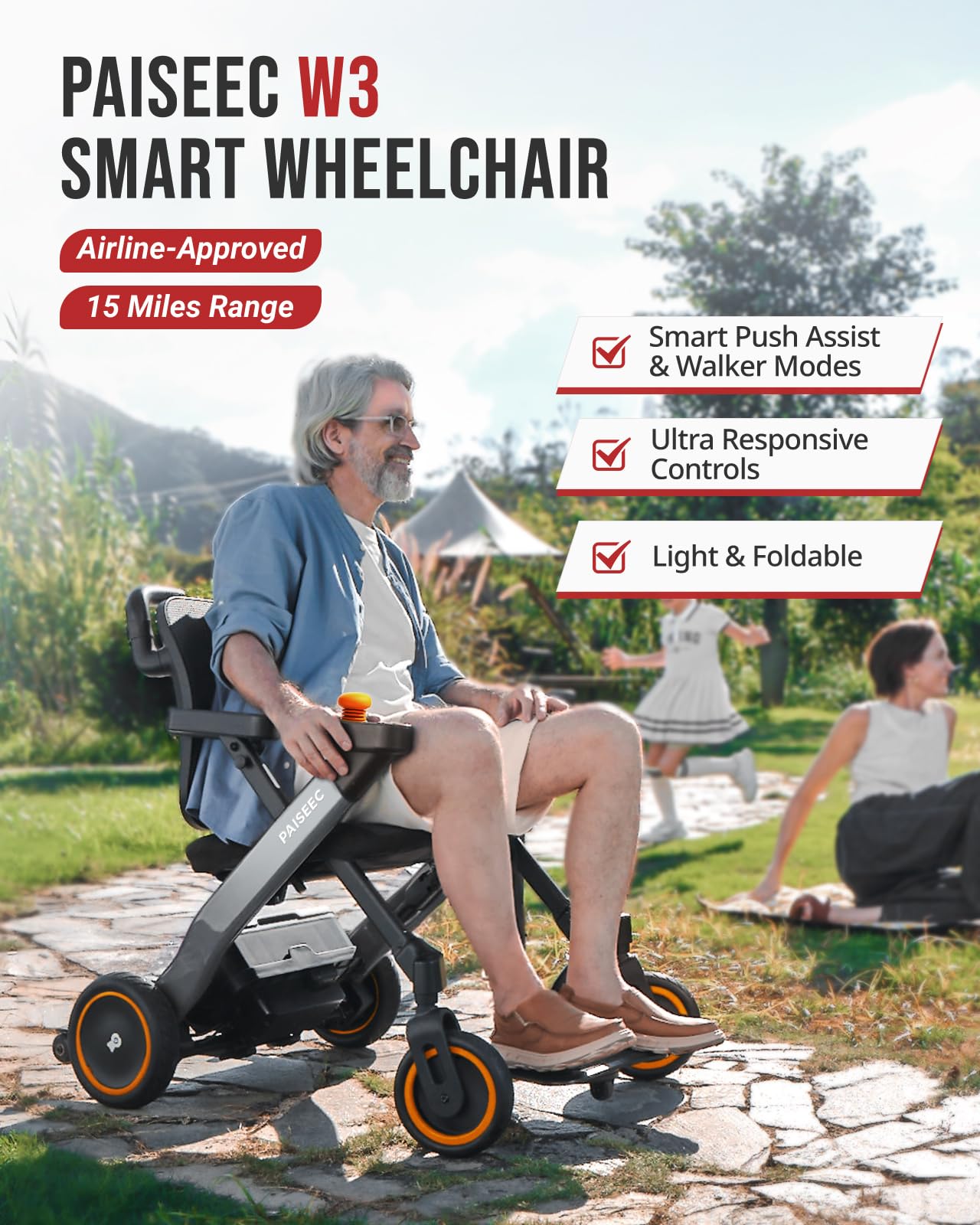 Paiseec Electric Wheelchair, Lightweight Foldable Powered Mobility Chair for Adults, 16 Miles Range, Folding Wheelchair, Push-Assist Technology, Works as Rollator