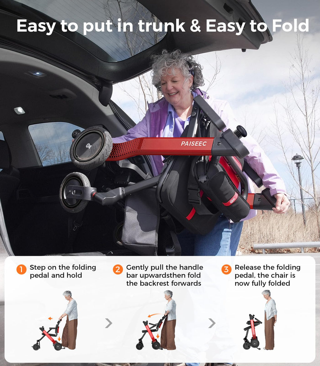 Foldable Electric Wheelchair for Adults & Seniors, Power Wheelchair Walker Combo with Height-Adjustable Handles, Airline Approved, Travel Size, 18 Miles Range, Motorized Wheelchair, Red, Paiseec W1