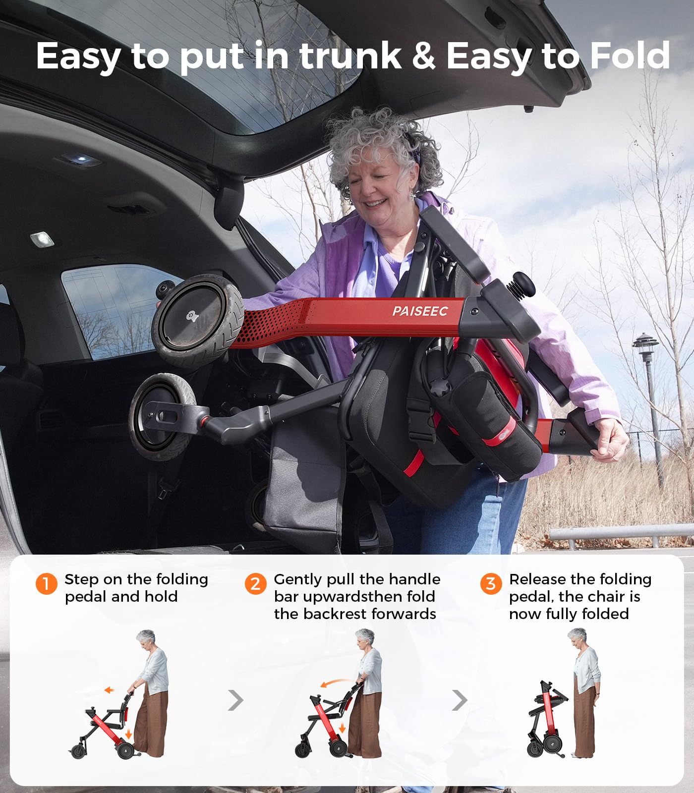 Foldable Electric Wheelchair for Adults & Seniors, Power Wheelchair Walker Combo with Height-Adjustable Handles, Airline Approved, Travel Size, 18 Miles Range, Motorized Wheelchair, Red, Paiseec W1