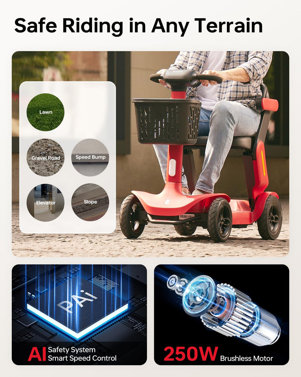 Paiseec Powered Mobility Scooter S3, Removable Battery Foldable Electric Scooter with AI Safety System, Folding Mobility Scooter for Adults Seniors, 25 Miles 6 MPH 300 lbs, All Terrain, Slope Safety