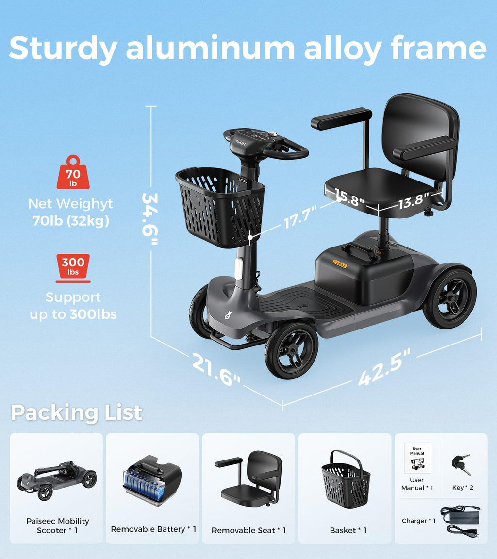Paiseec S1 Mobility Scooter for Adults, Seniors - 25 Miles Range, 6 mph, Powered Mobility Scooter with Good Legroom, Large Wheels for Outdoor, Smart Safety Features, Headlight, Basket