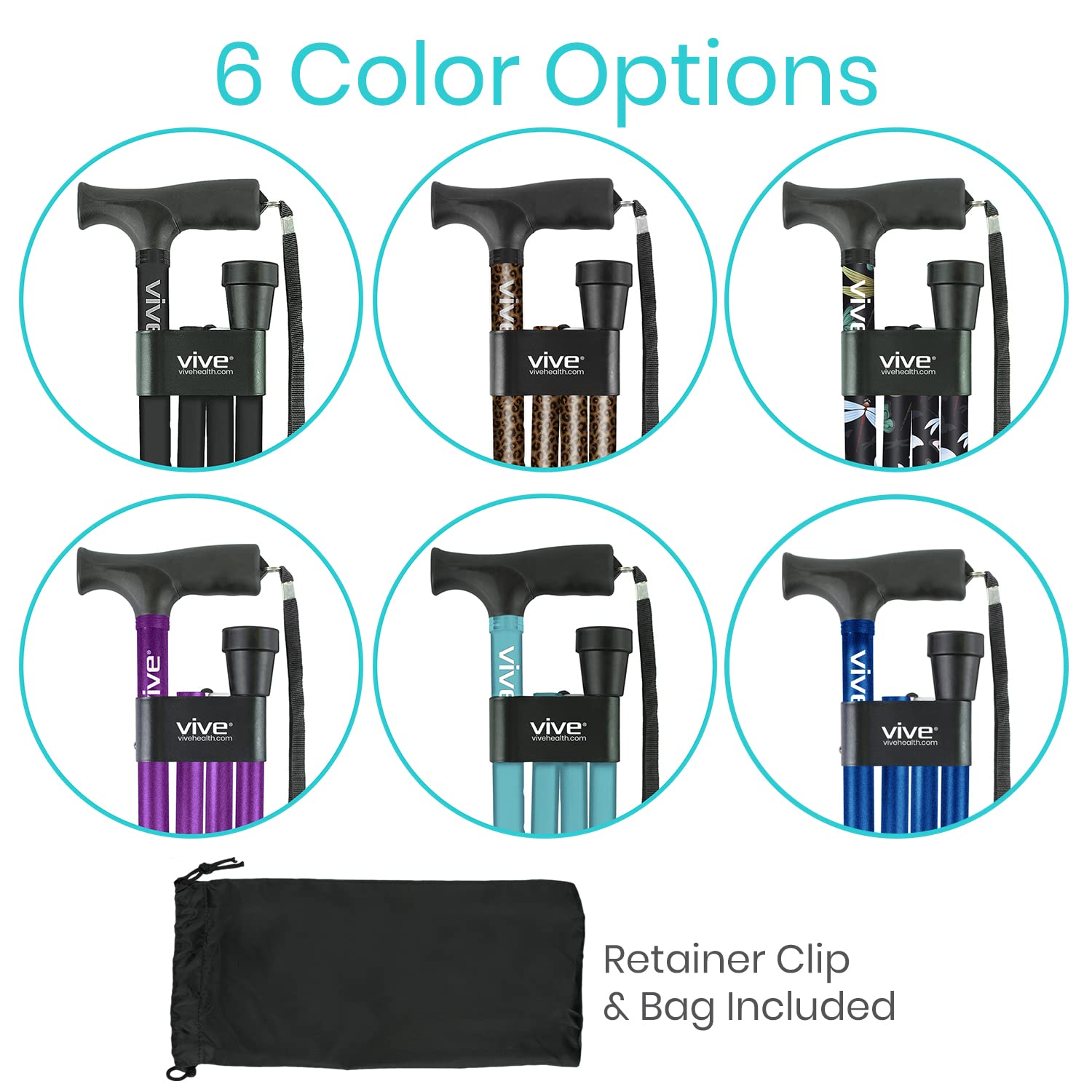 Vive Folding Cane - Foldable Walking Cane for Men, Women - Fold-up, Collapsible, Lightweight, Adjustable, Portable Hand Walking Stick - Balancing Mobility Aid - Sleek, Comfortable
