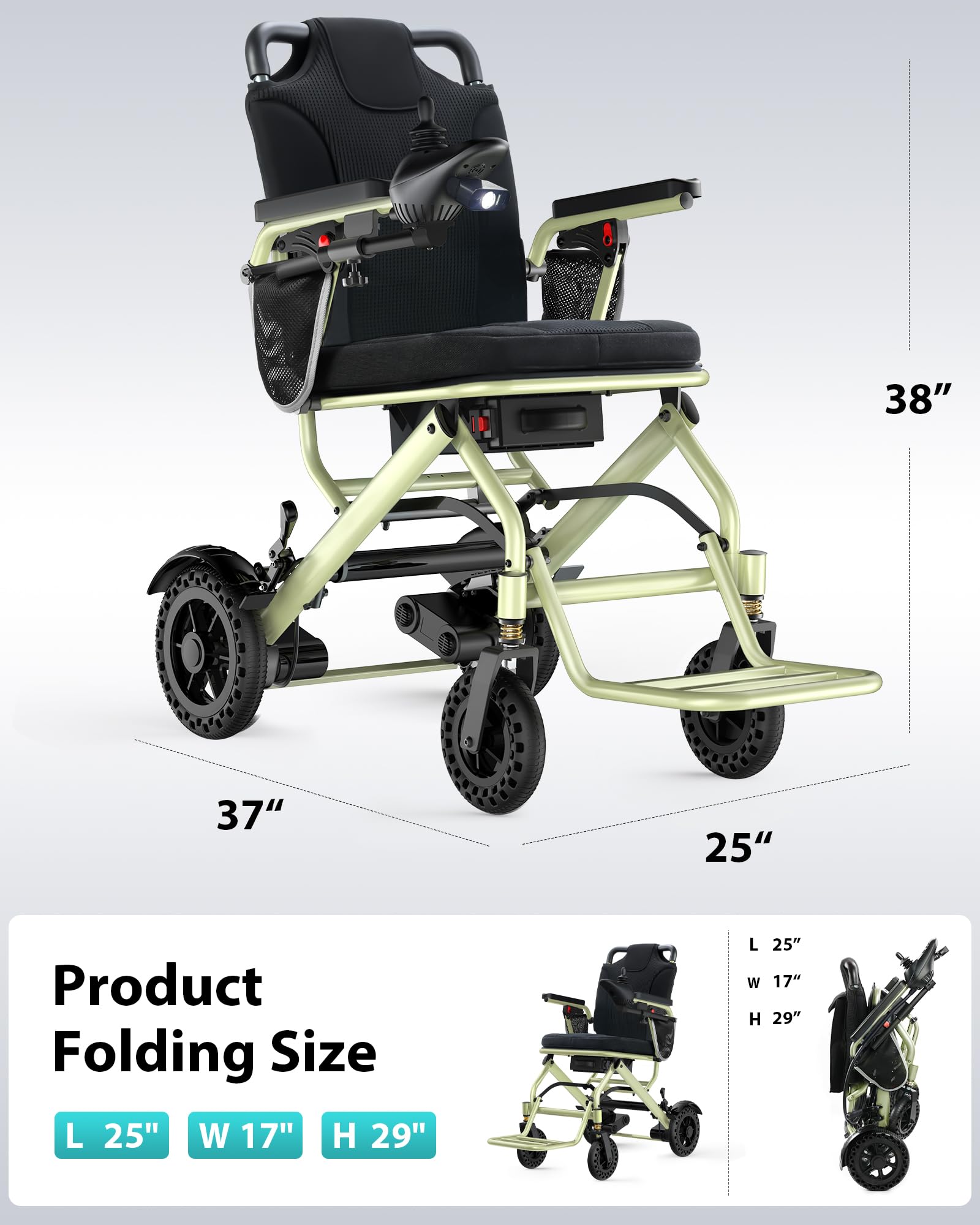 Goldseason Electric Wheelchairs for Adults Foldable, 33 Lbs Lightweight Electric Wheelchair, All Terrain Compact Portable Motorized Wheelchair for Seniors, 330 Lbs Capacity (Apple Green)