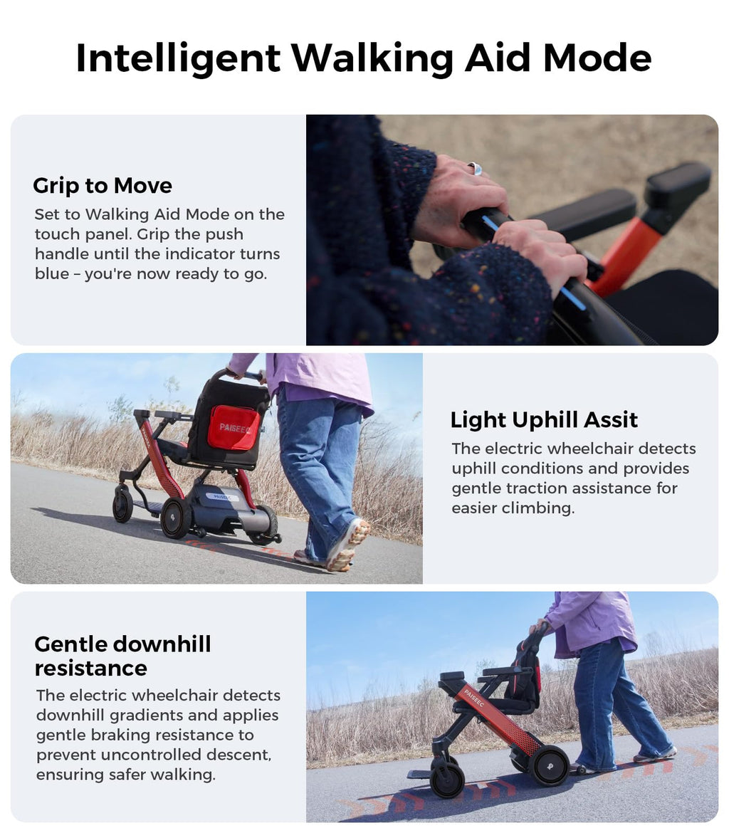 Foldable Electric Wheelchair for Adults & Seniors, Power Wheelchair Walker Combo with Height-Adjustable Handles, Airline Approved, Travel Size, 18 Miles Range, Motorized Wheelchair, Red, Paiseec W1