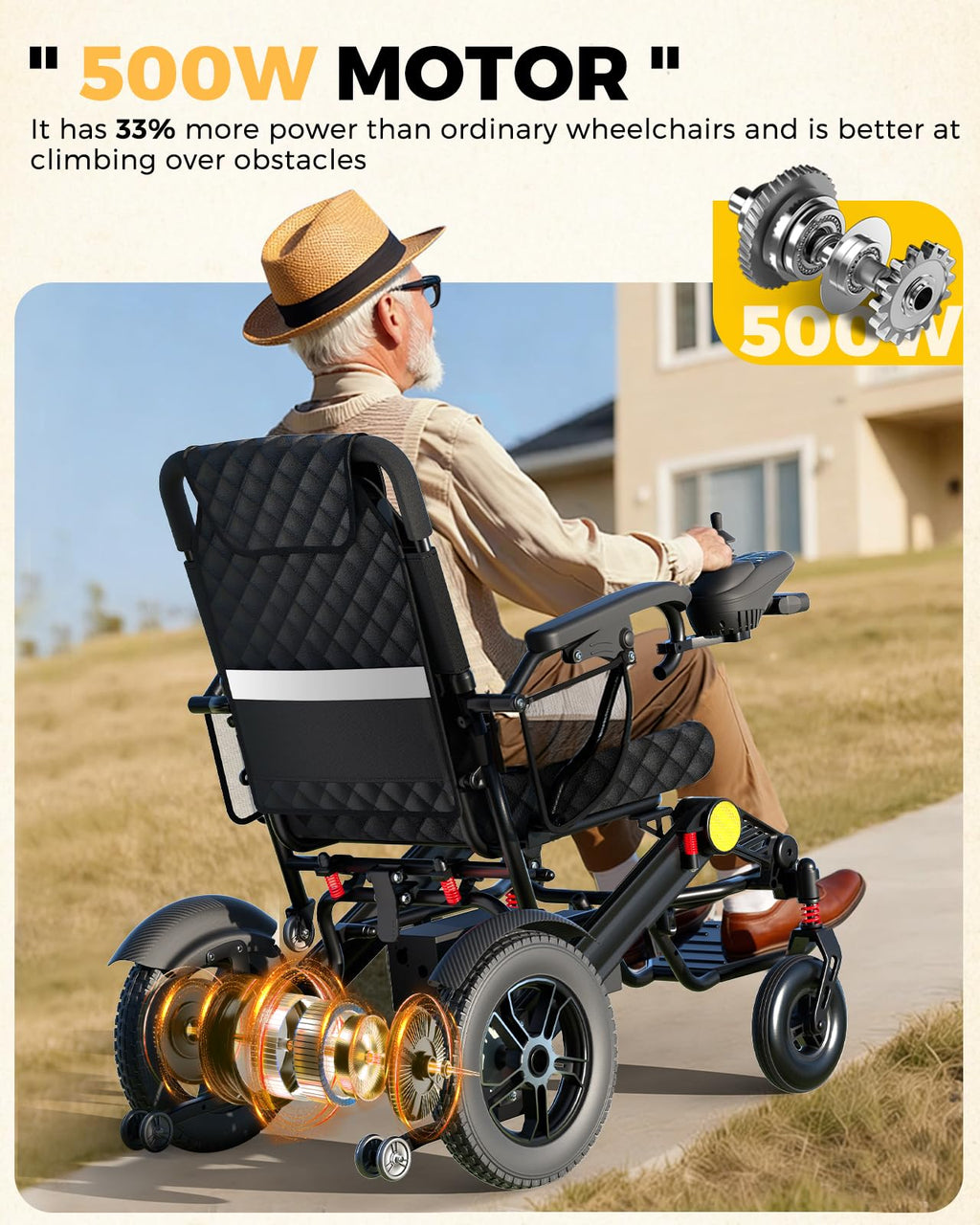 Electric Wheelchair for Adults, 25+ Miles Travel Range High Tech Electric Wheelchairs Support 350LB, 3 Seconds Folding Portable Wheelchair for Transport, All Terrain 500W Motorized Wheelchair