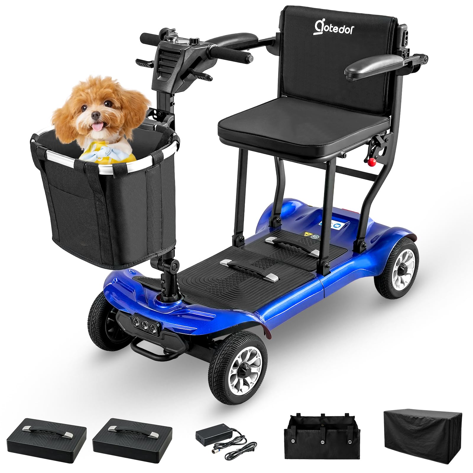 4 Wheel Mobility Scooter, Electric Mobility Scooter for Adults, Driving 22 Miles, Airlines Approved, Foldable Scooter w/249WH*2 Batteries Charger Under Seat Storage Dustproof Cover (Blue)