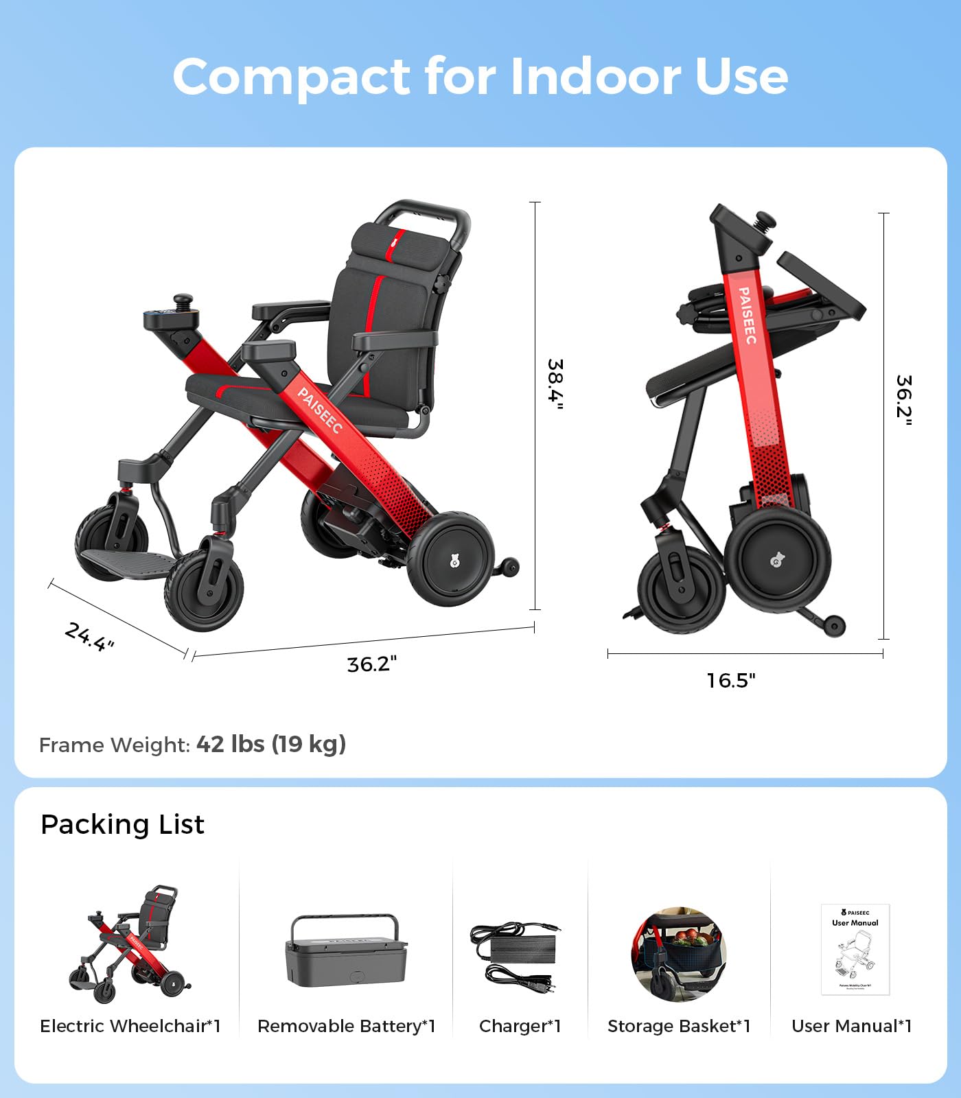 Foldable Electric Wheelchair for Adults & Seniors, Power Wheelchair Walker Combo with Height-Adjustable Handles, Airline Approved, Travel Size, 18 Miles Range, Motorized Wheelchair, Red, Paiseec W1