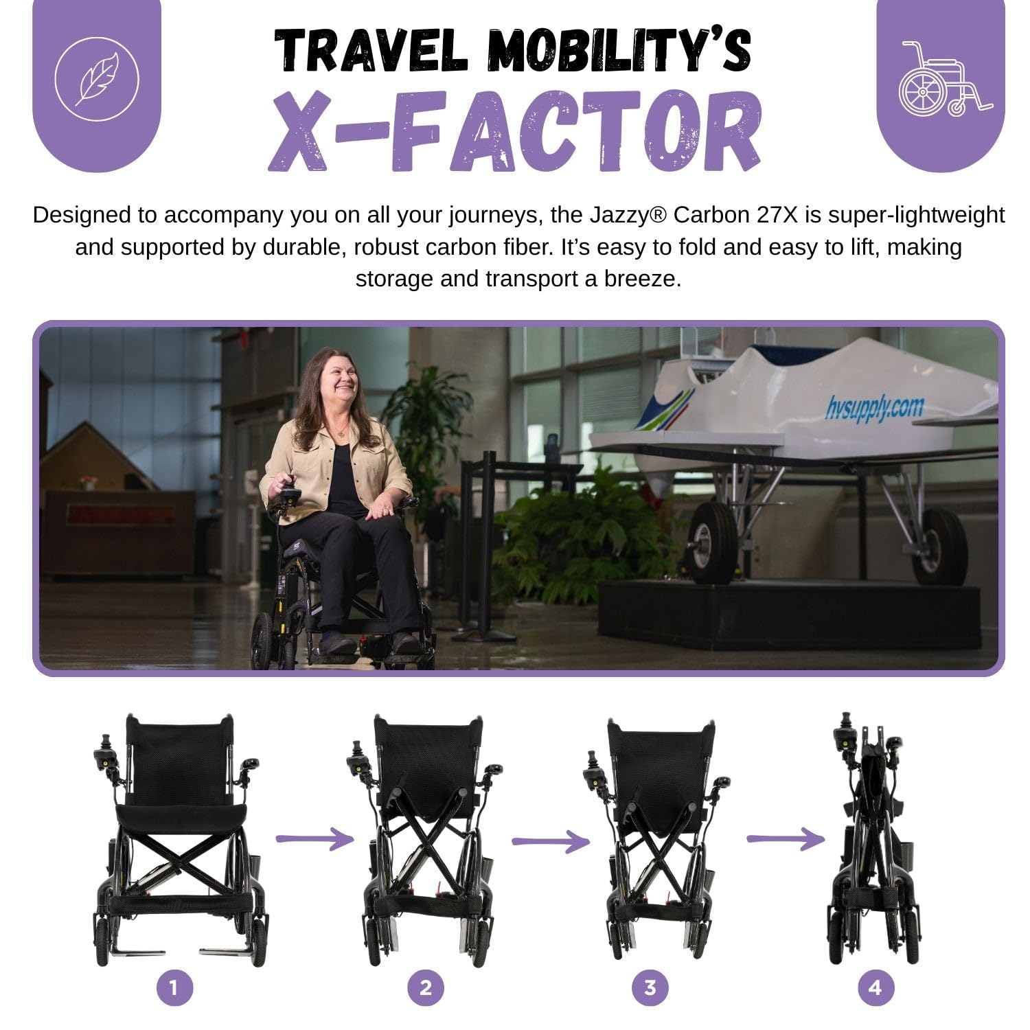 Pride Mobility Jazzy Carbon 27X Folding Travel Power Chair - 275 lb. Wt. Capacity, 3.7 mph, Lightweight Foldable Electric Wheelchair for Travel Seniors, Adults – 10Ah Airline-Approved Battery (Black)