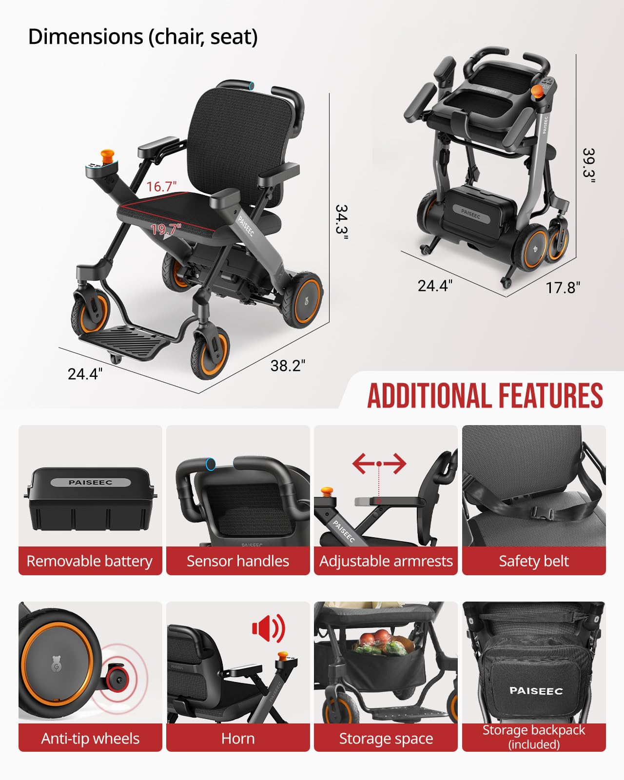 Paiseec Electric Wheelchair, Lightweight Foldable Powered Mobility Chair for Adults, 16 Miles Range, Folding Wheelchair, Push-Assist Technology, Works as Rollator