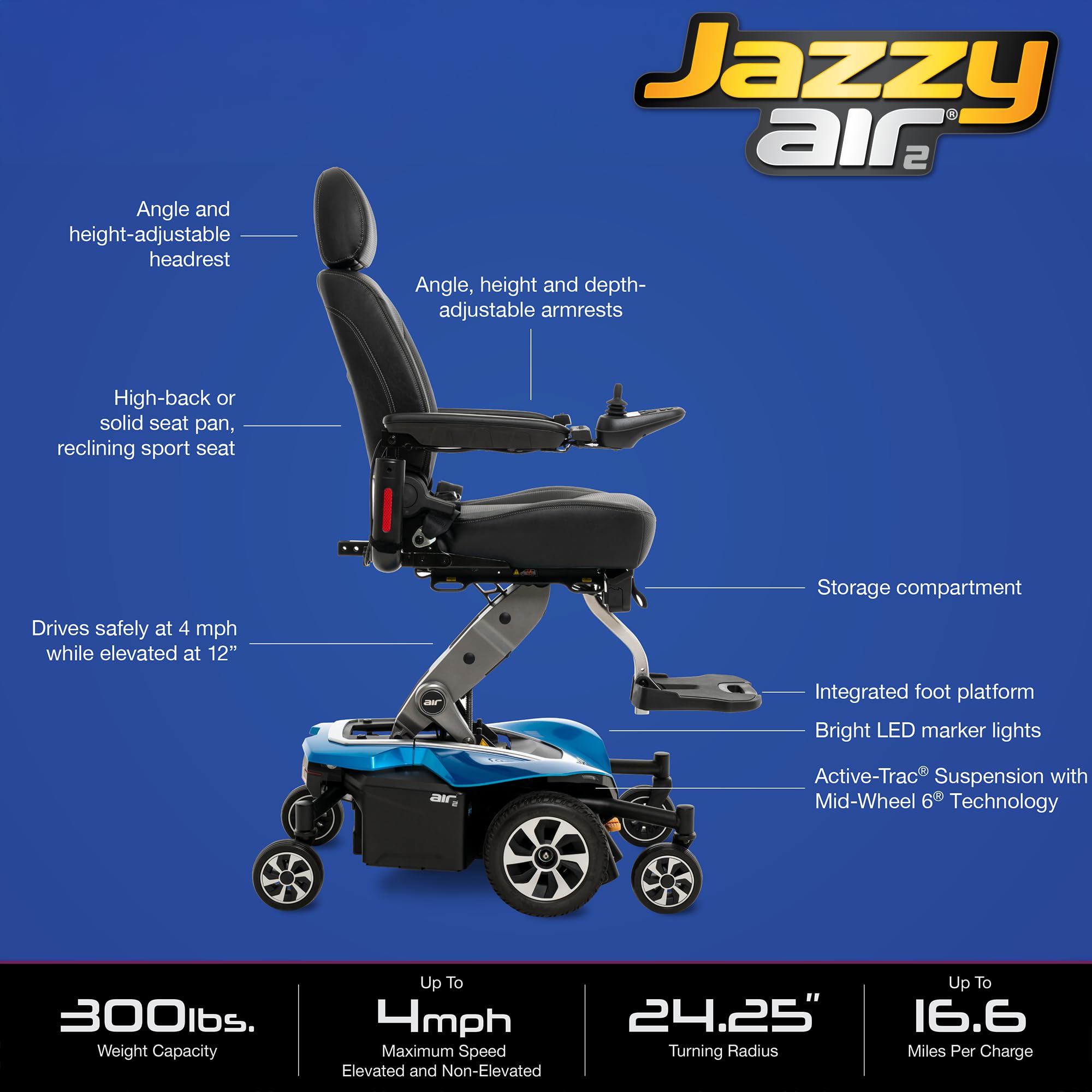 Pride Jazzy Air 2 Power Chair - Electric Wheelchair Scooter for Adults, 40 Ah Battery, 300 Lbs Weight Capacity, Black Pearl, 20" x20-22 Seat Size