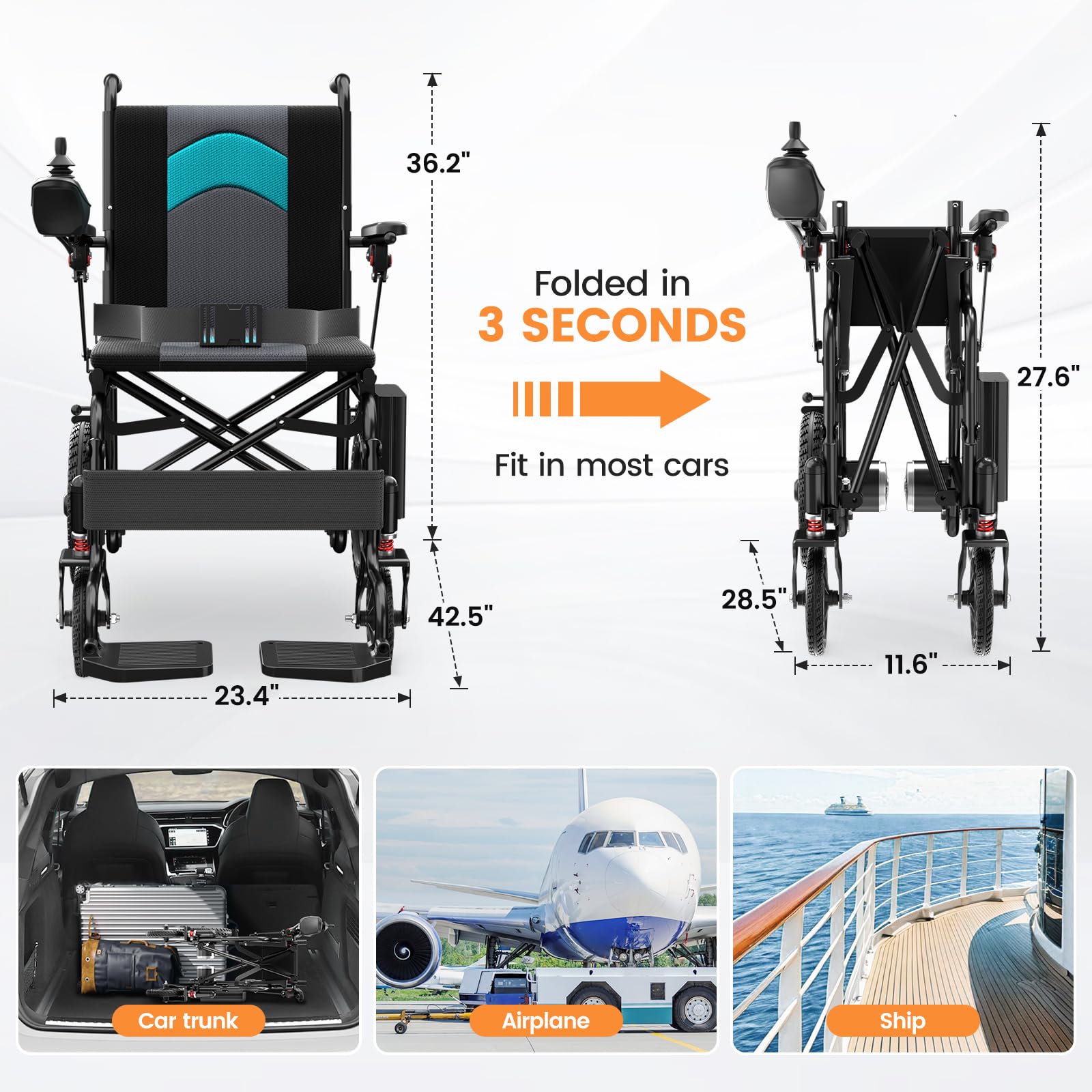Electric Wheelchairs for Adults Lightweight 38lbs, Foldable Motorized Wheelchair for Seniors, 15 Miles Long Travel Range, All Terrain Portable Power Wheelchair Support 350 lbs(18.5 Inch Wide Seat)
