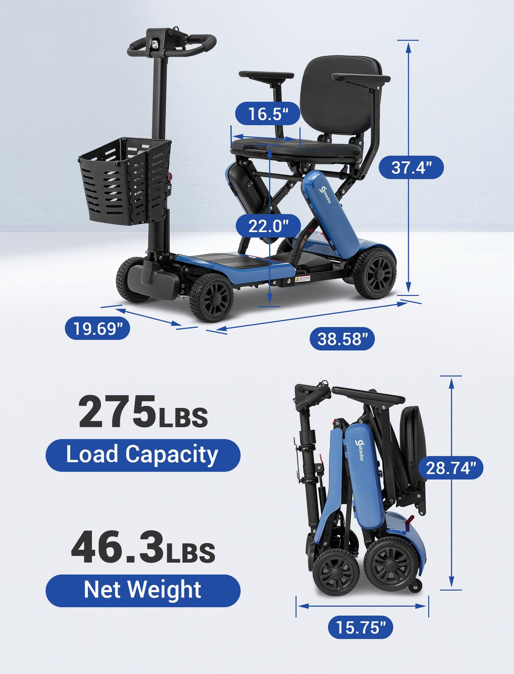 Aotedor Mobility Scooter for Seniors, 3 Batteries 18 Miles Long Range Mobility Scooter for Adults 46lb Lightweight Folding Electric Portable Scooter with Detachable Basket All-Terrain Airline Approved