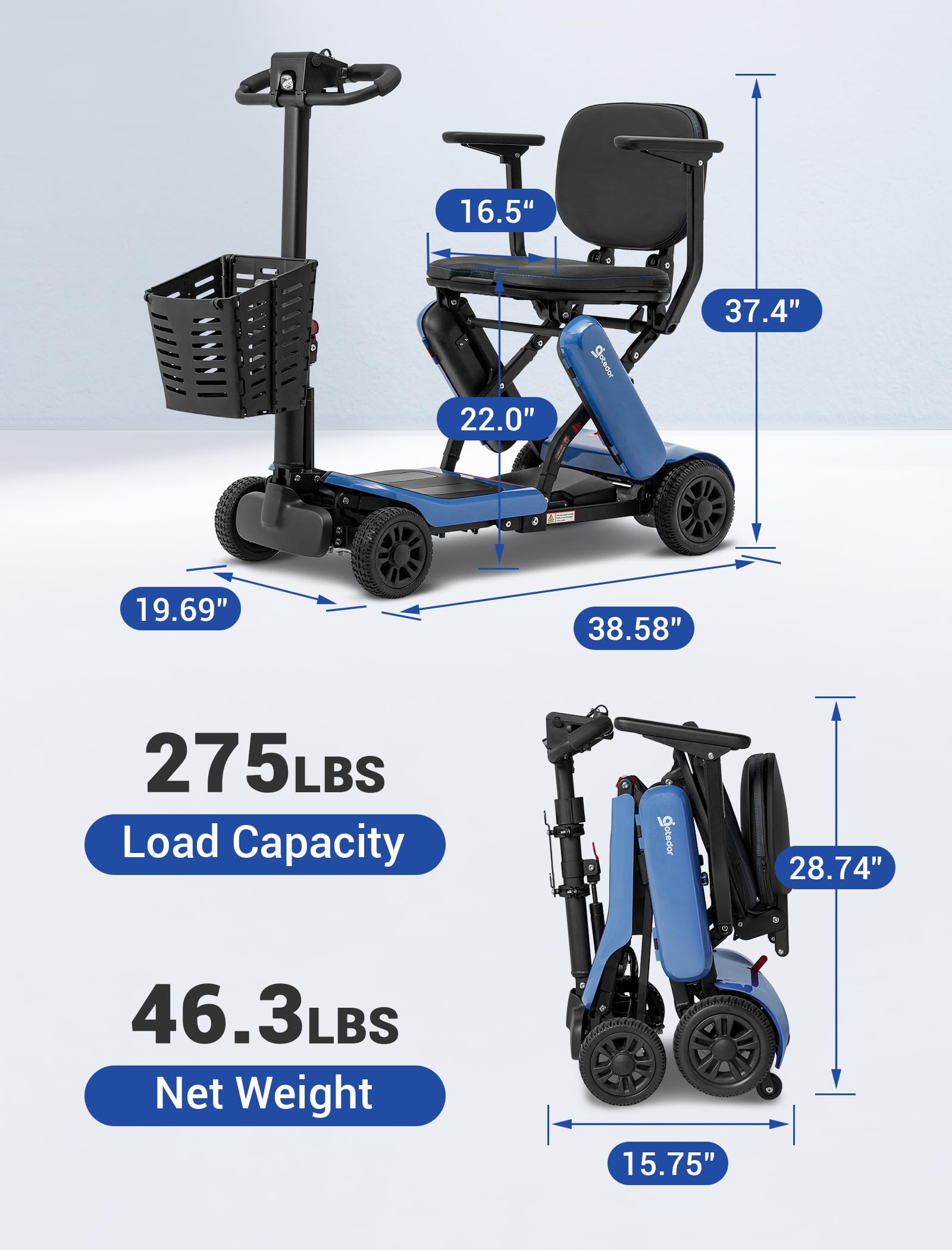 Aotedor Mobility Scooter for Seniors, 3 Batteries 18 Miles Long Range Mobility Scooter for Adults 46lb Lightweight Folding Electric Portable Scooter with Detachable Basket All-Terrain Airline Approved