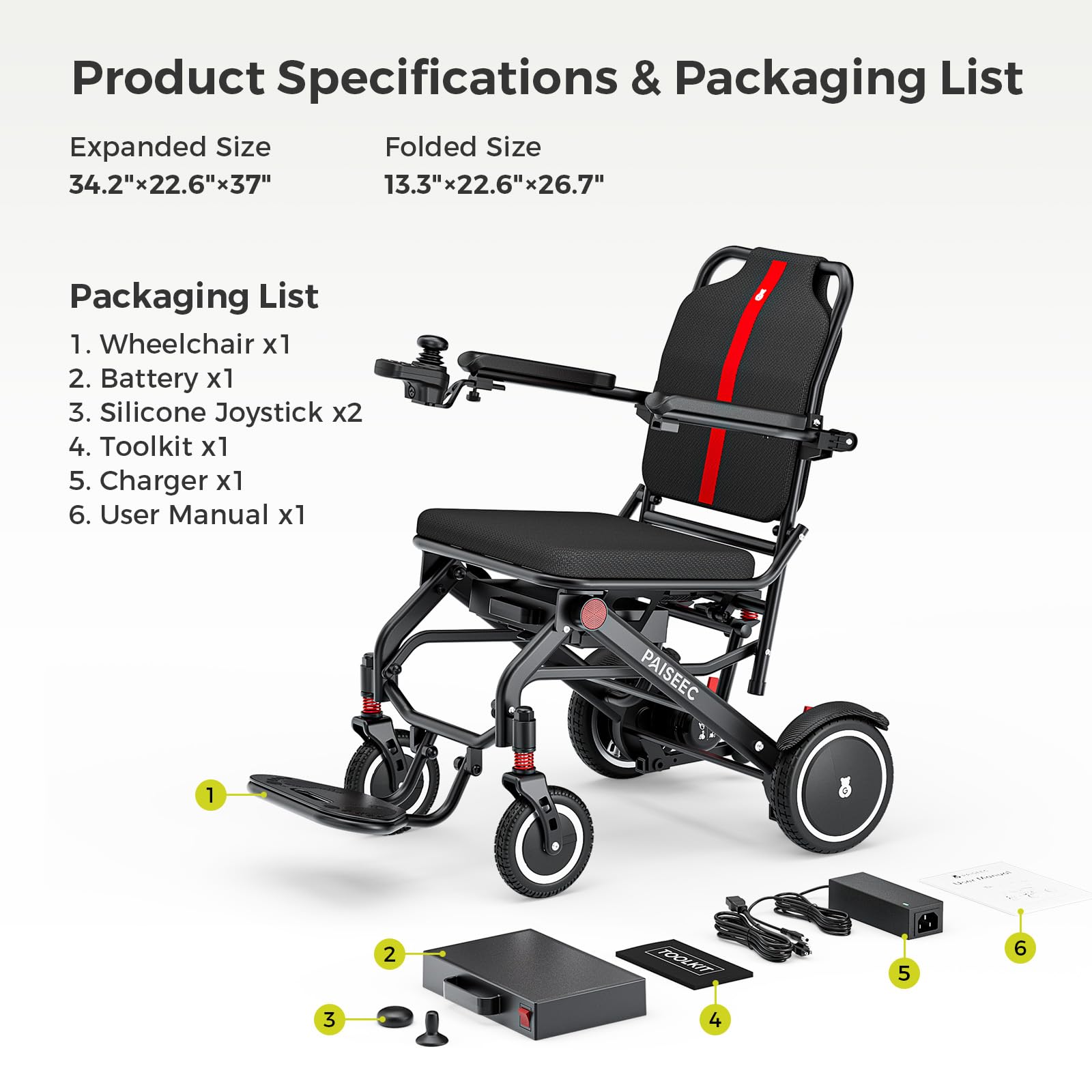 Paiseec Lightweight Electric Wheelchair Foldable, Only 32 lbs, Power Wheelchair for Adults/Seniors, Compact Electric Wheelchair for Travel, Airline Approved, Up to 11 Miles, Outdoor & Indoor