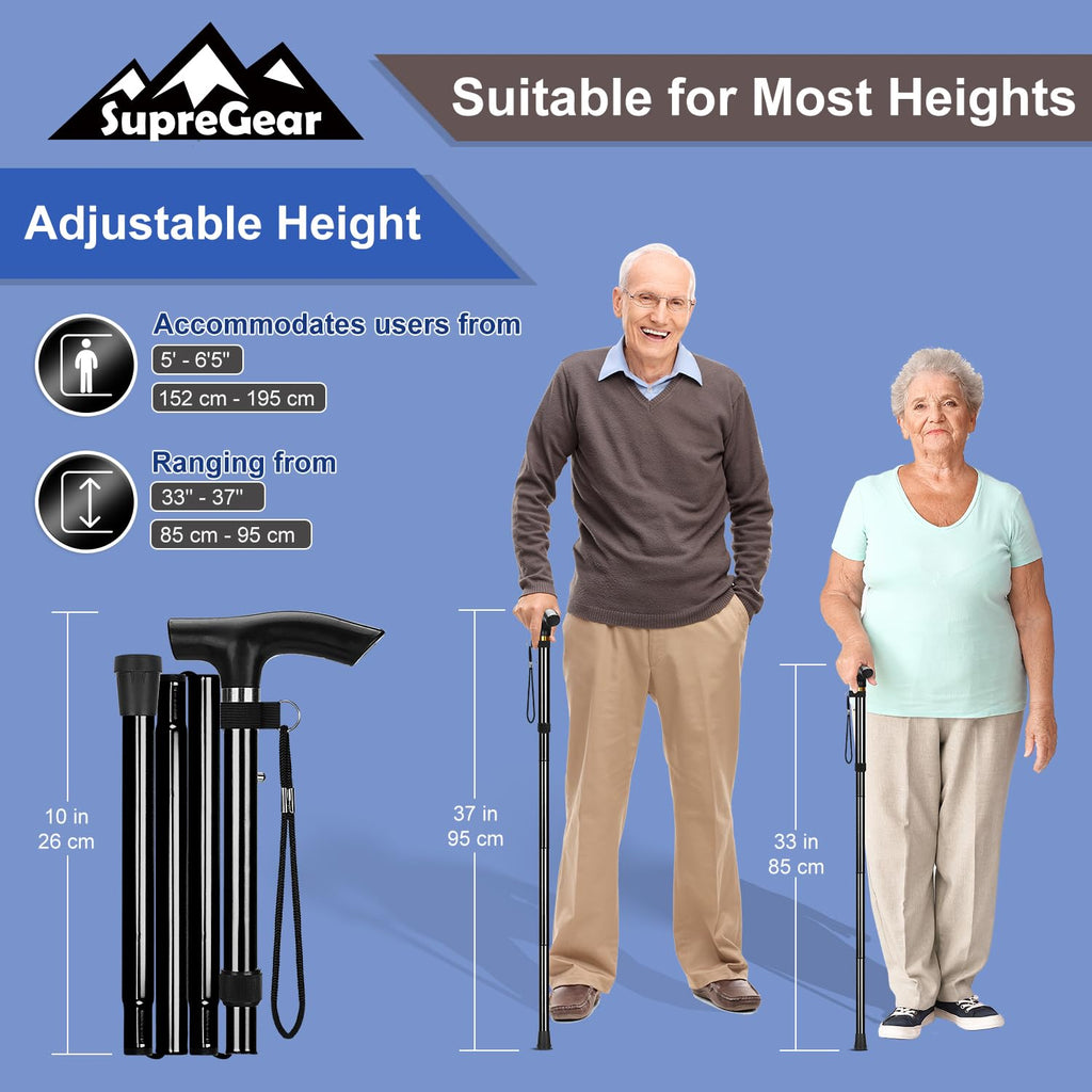 supregear Folding Cane, 5-Level Adjustable Height Walking Stick Lightweight Collapsible Portable Travel Cane with Wrist Strap and T Handle for Elderly Disabled Men Women, Black