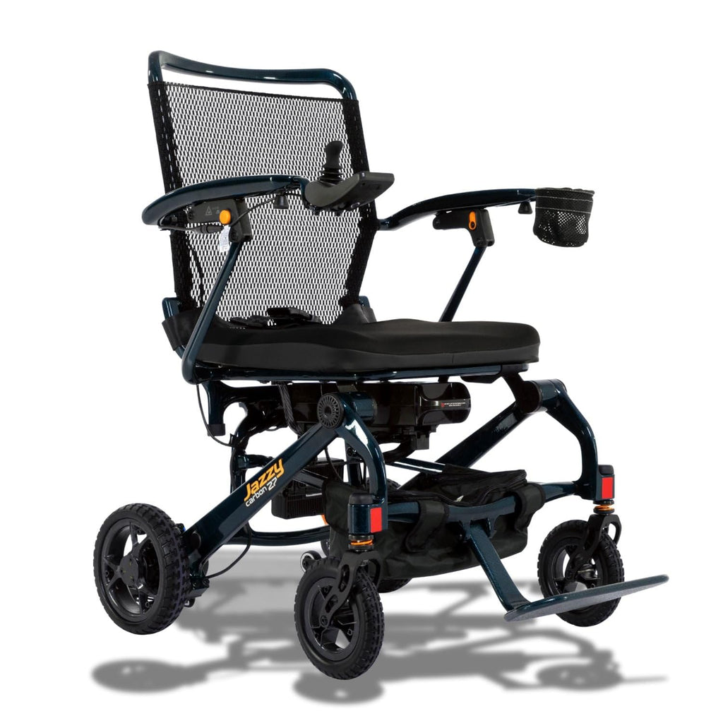 Pride Mobility Jazzy Carbon 27 Folding Travel Power Chair - 300 lb. Weight Capacity, 3.7 mph, Lightweight Foldable Electric Wheelchair for Travel – 12Ah Airline-Approved Battery (Night Sky, Blue)