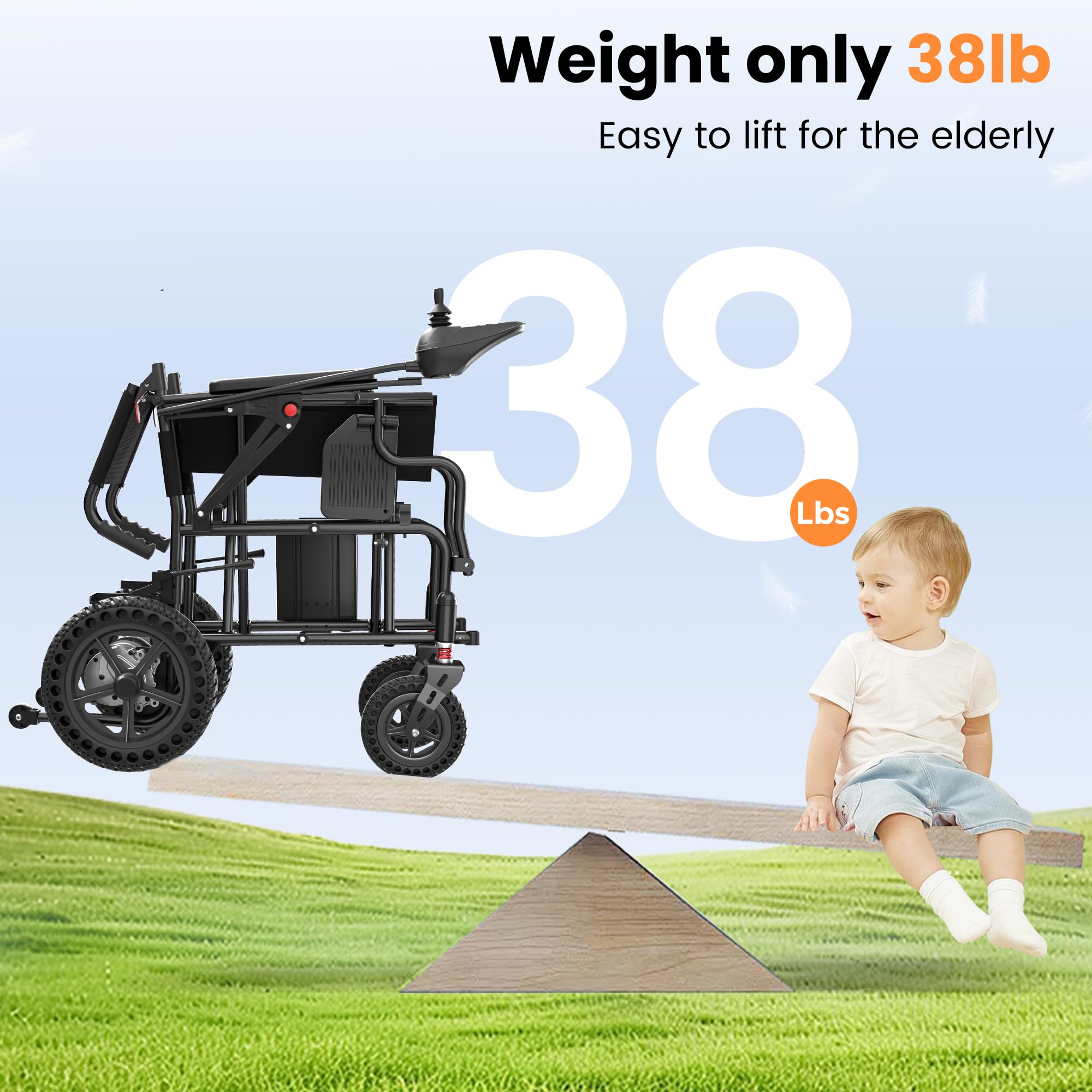 Electric Wheelchairs for Adults Lightweight 38lbs, Foldable Motorized Wheelchair for Seniors, 15 Miles Long Travel Range, All Terrain Portable Power Wheelchair Support 350 lbs(18.5 Inch Wide Seat)
