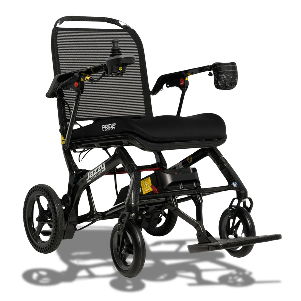 Pride Mobility Jazzy Ultra Light Folding Travel Power Chair - 300 lbs Capacity, 3.69 mph, Lightweight Foldable Electric Wheelchair for Travel Seniors, Adults – 20Ah Extended-Range Battery (Black)