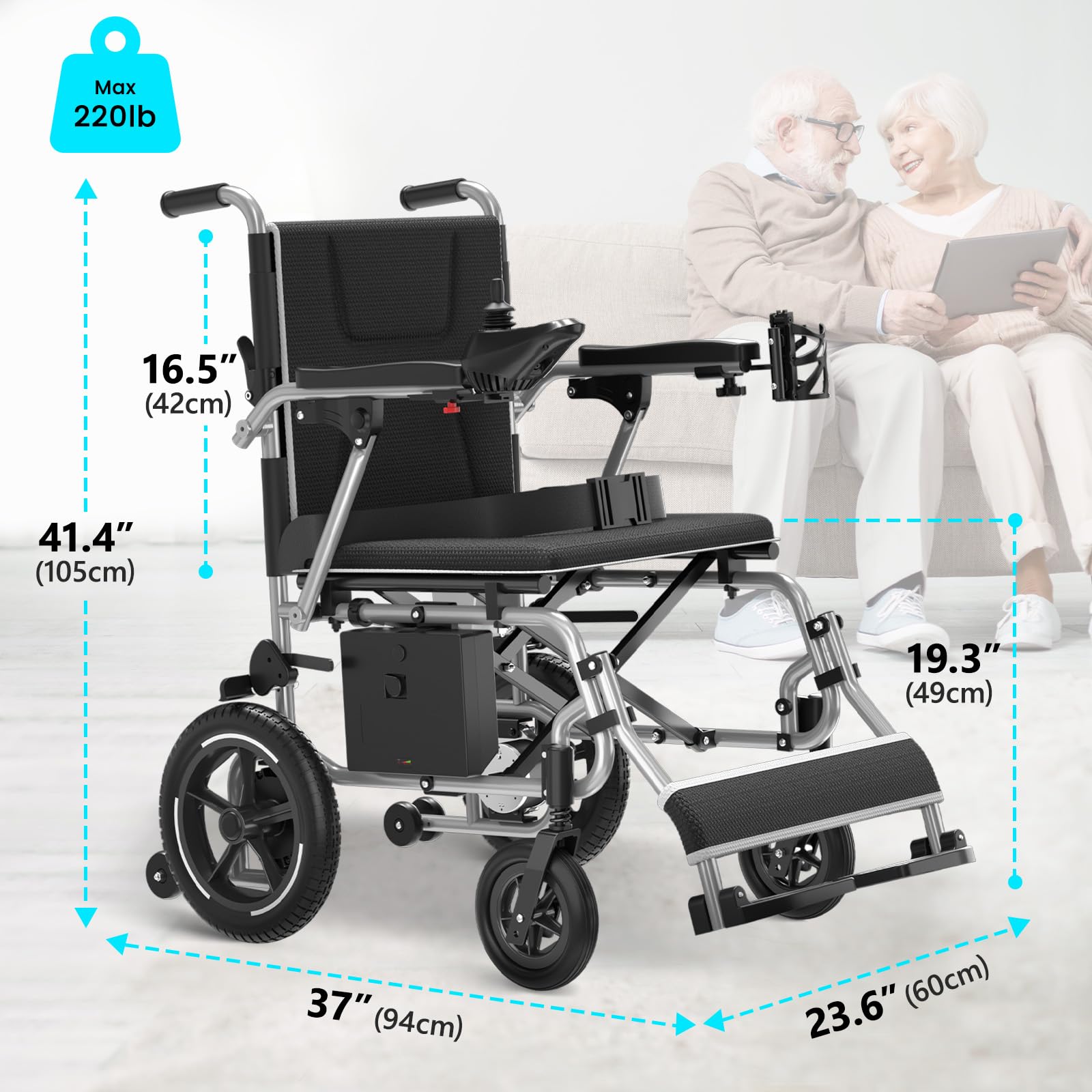 Lightweight Electric Wheelchair, 39lb Aluminum Motorized Power Wheelchair for Home, 15+ Miles Long Travel Range with Lithium Battery, All Terrain Foldable Wheelchair for Seniors Portable