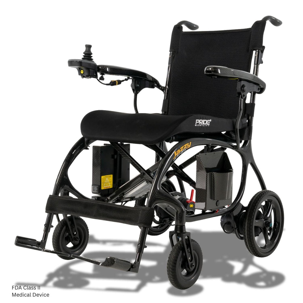 Pride Mobility Jazzy Carbon 27X Folding Travel Power Chair - 275 lb. Wt. Capacity, 3.7 mph, Lightweight Foldable Electric Wheelchair for Travel Seniors, Adults – 10Ah Airline-Approved Battery (Black)