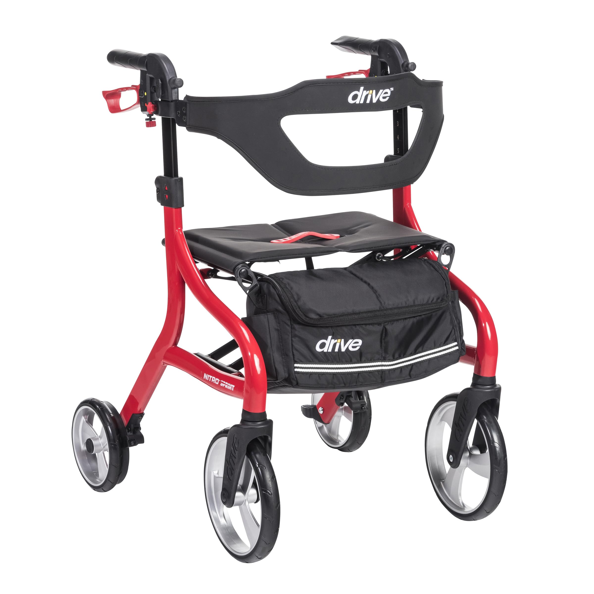 Drive Medical Nitro Sprint Foldable Rollator Walker with Seat - Lightweight Support - Large Wheels - Compact Folding Design - Adjustable Comfort - Standard Size - Red